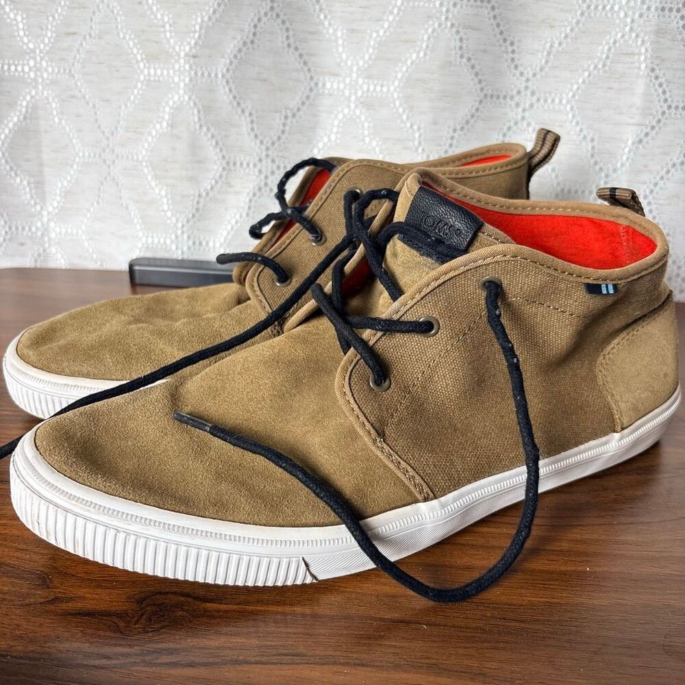 TOMS 12 Carlo Mid Terrain Tan Brown Canvas Suede Leather Sneakers Casual Preppy